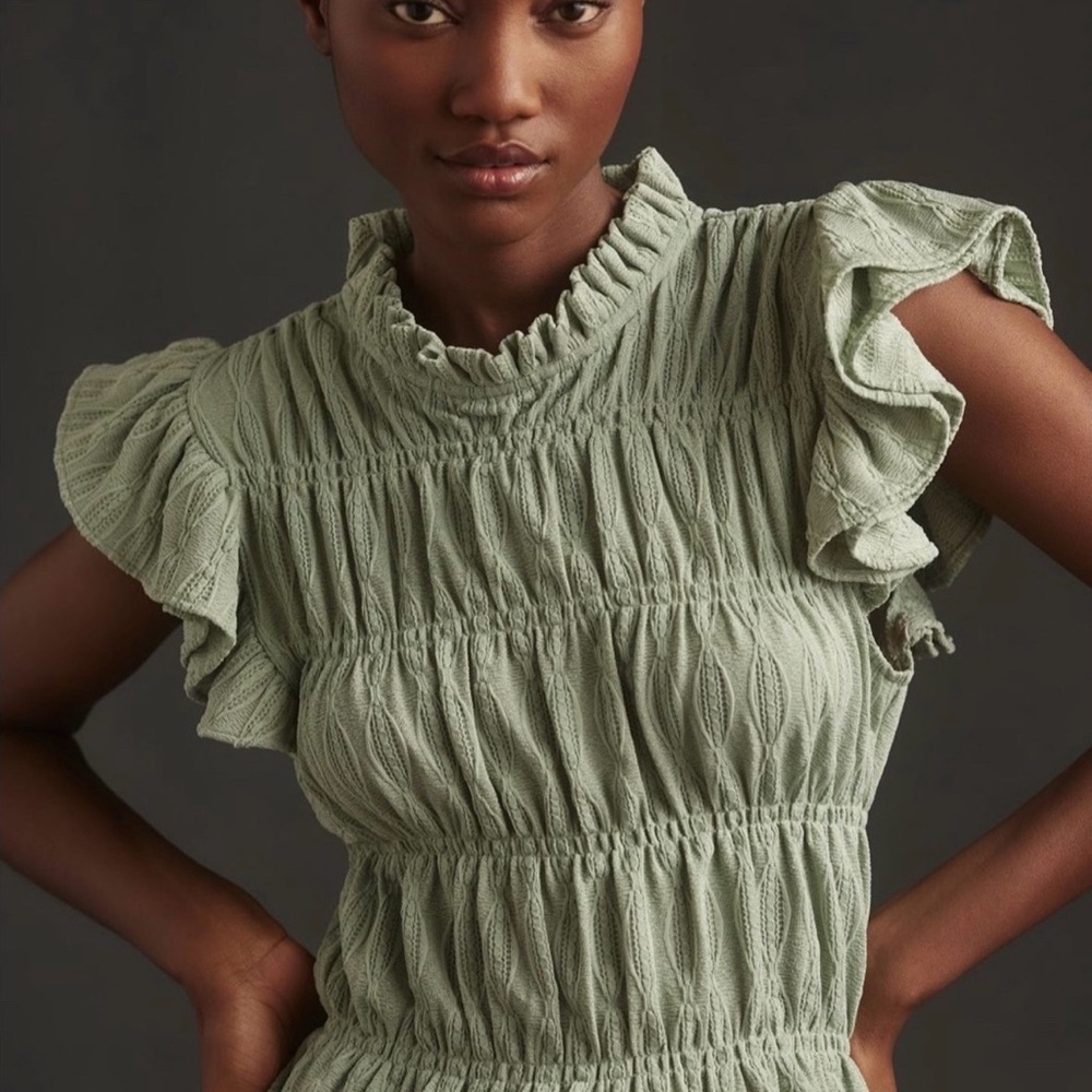 Blue Tassel Ruched Flutter-Sleeve Blouse